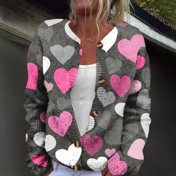 Women's Button Down Cardigan Cute Heart Print Crew Neck Soft Cardigan Sweater Coat Valentine's Day Gifts