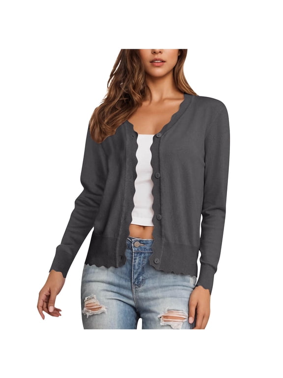 Women's Button Down Cardigan Long Sleeve Casual V-Neck Scalloped Knit Shrugs Lightweight Work Cardigans Sweater