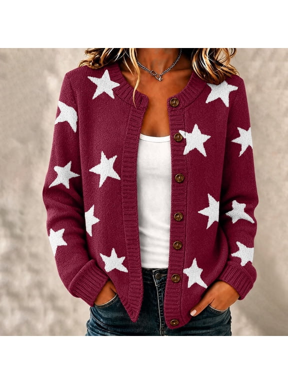 Women's Button Down Cardigan Long Sleeve Star Print Sweater with Crew Neck Ribbed Trim and Multiple Colors for Everyday Wear