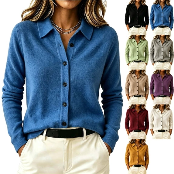 Sweater Ribbing Women's Button Down Cardigan Sweater Business Casual Spread Collar ...