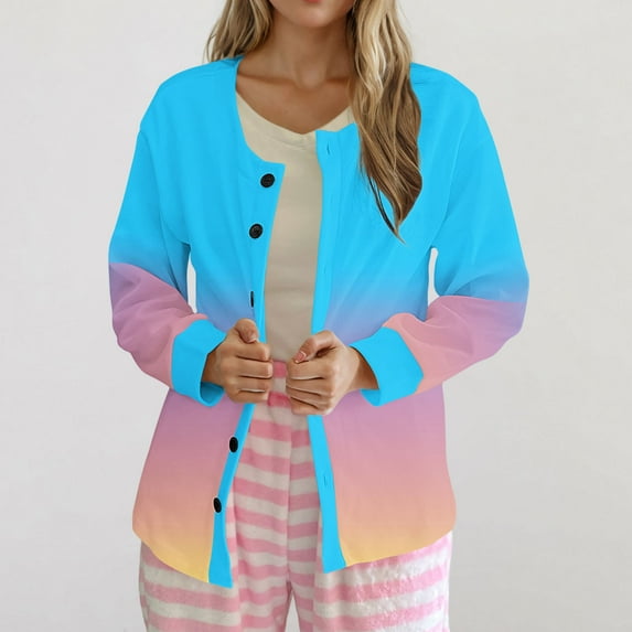 Women's Button Down Cardigan Sweaters Long Sleeve Graphic Printed Soft Cotton Casual Fall Spring Outerwear (M, Blue)