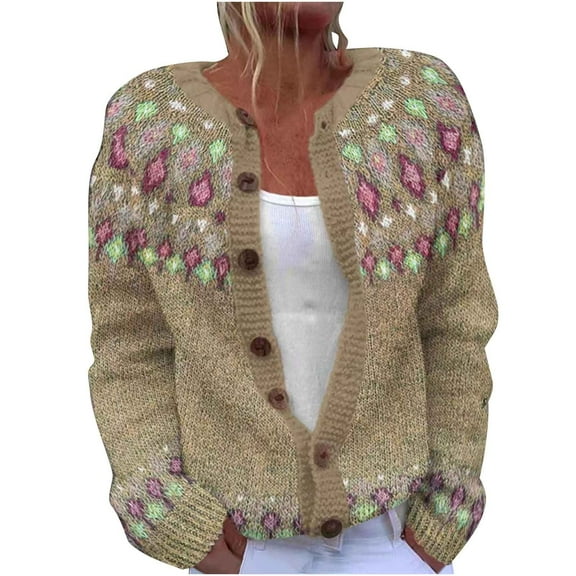 Women's Button Down Cardigans V Neck Open Front Long Sleeve Fall Knitted Sweaters Fair Isle Sweaters Khaki 5XL