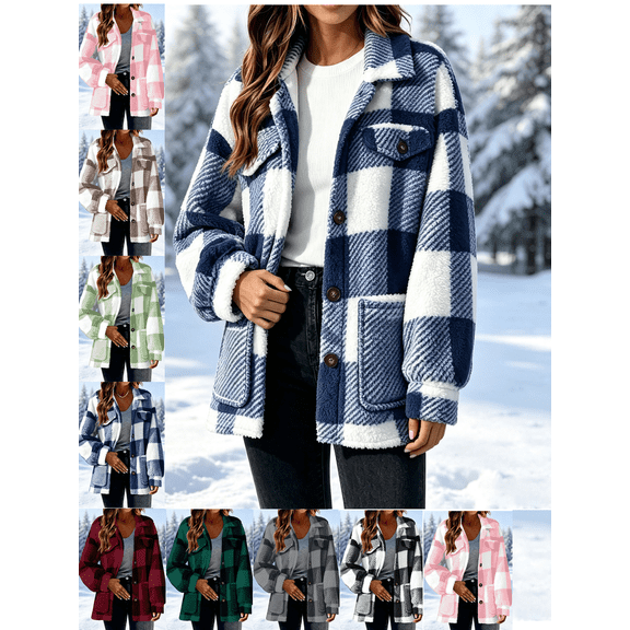 Women's Button Down Casual Shacket with Pockets Thick Fleece Jacket Fall Winter Warm Comfy Coat