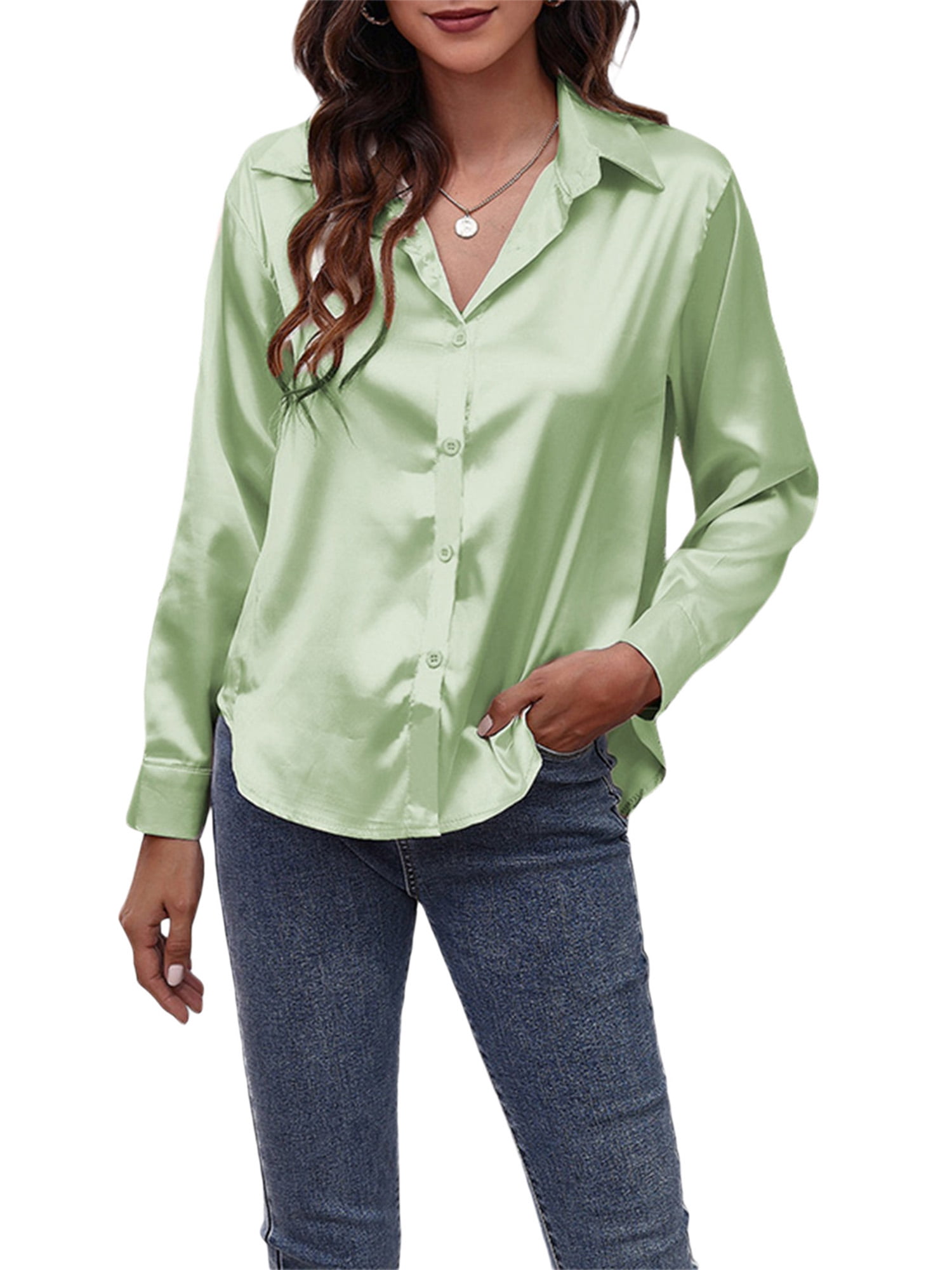 Women's Button-Down Casual Silk Blouse Top Long Sleeve Blouse V Neck Satin  Silk Solid Color Top Formal Wear 