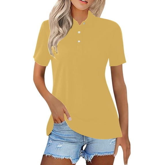 Women’s Button-Down Collar Shirt Short Sleeve Loose Fit Office Casual Top Yellow XXXL