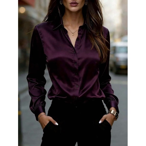 Women's Button Down Collared Shirt, Point Collar Long Sleeve Slim Fit Blouse, Curved Hem Classic Top, Business Casual Work Office Wear