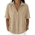 thumbnail image 1 of Women's Button Down Collared Shirt Short Sleeve Linen Blend Casual Loose Fit V Neck Summer Work Blouse Top 01-Khaki XXL, 1 of 4