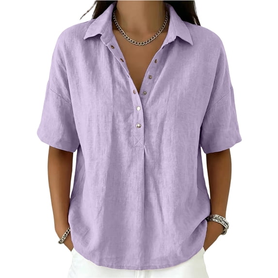 Women's Button Down Collared Shirt Short Sleeve Linen Blend Casual Loose Fit V Neck Summer Work Blouse Top 02-Light Purple XL