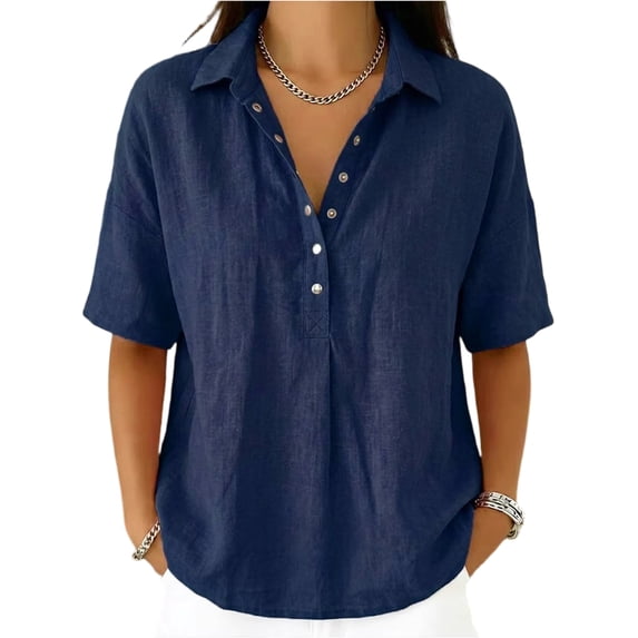 Women's Button Down Collared Shirt Short Sleeve Linen Blend Casual Loose Fit V Neck Summer Work Blouse Top 06-Navy S