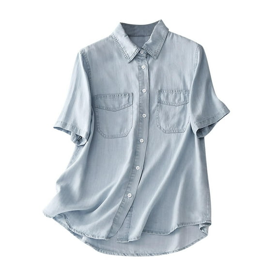 Women's Button Down Cropped Denim Shirt Casual Business Jean Tops with Pockets