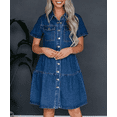 thumbnail image 1 of Women's Button Down Denim Babydoll Dress Lapel Collar Short Sleeve Flowy Tiered Ruffle Jeans Midi Dress, 1 of 4