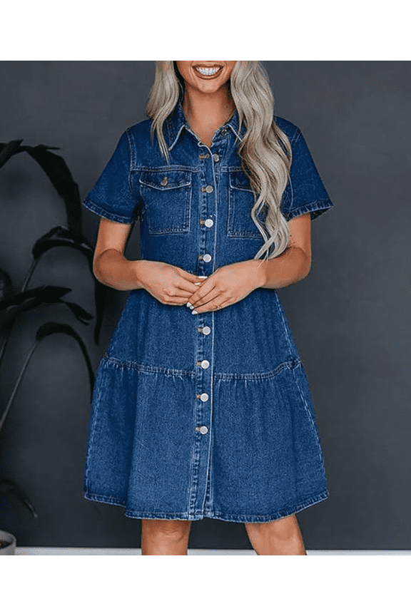 Women's Button Down Denim Babydoll Dress Lapel Collar Short Sleeve Flowy Tiered Ruffle Jeans Midi Dress