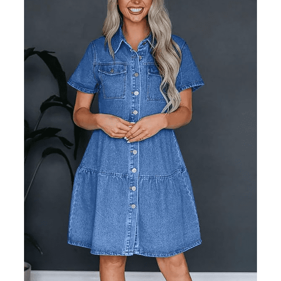 Women's Button Down Denim Babydoll Dress Lapel Collar Short Sleeve Flowy Tiered Ruffle Jeans Midi Dress