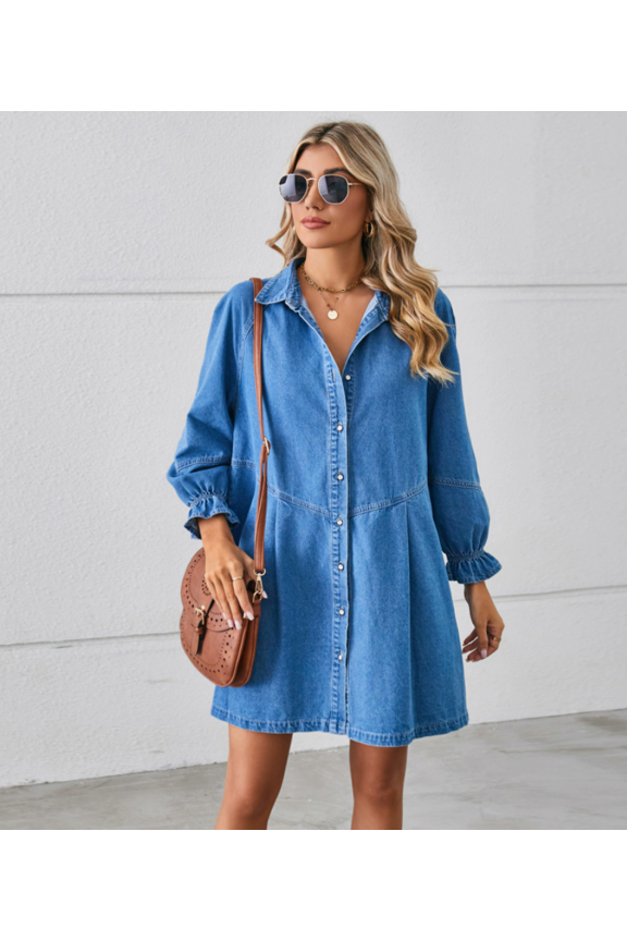 Women's Button Down Denim Shirt Dress Lantern Long Sleeve Tiered Baydoll Jean Mini Dress