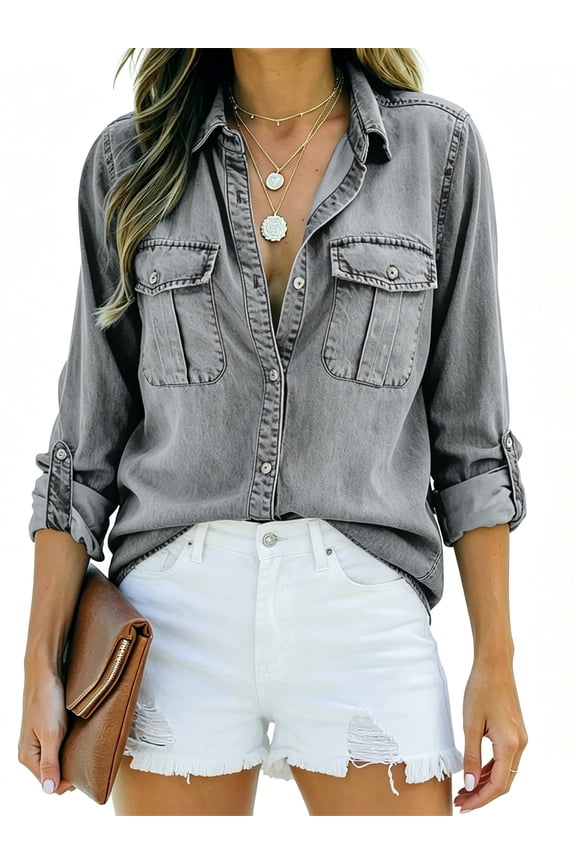 Women Button Down Denim Shirt Long Sleeve Roll Up Casual Oversized Jean Jacket Distressed Tunic Top