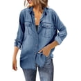 thumbnail image 1 of Women Button Down Denim Shirt Long Sleeve Roll Up Casual Oversized Jean Jacket Distressed Tunic Top, 1 of 7
