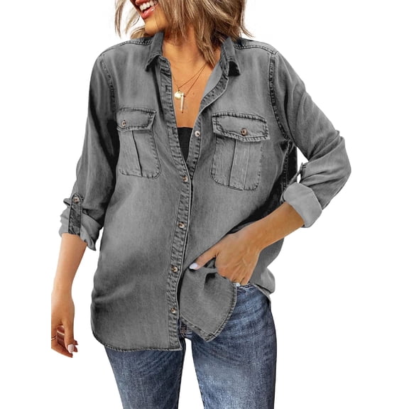 Women Button Down Denim Shirt Long Sleeve Roll Up Casual Oversized Jean Jacket Distressed Tunic Top