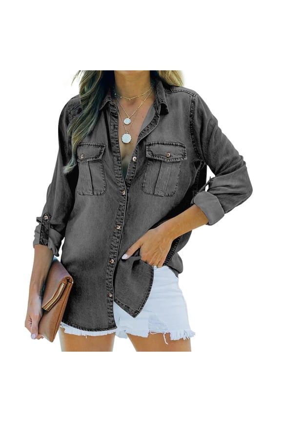 Women Button Down Denim Shirt Long Sleeve Roll Up Casual Oversized Jean Jacket Distressed Tunic Top