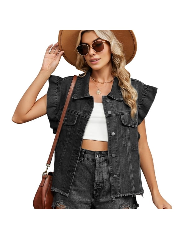 Women's Button Down Denim Vest, Solid or Leopard Print, Features Flap Pockets and Wood Cuff Decor, Casual Outerwear Black Grey L