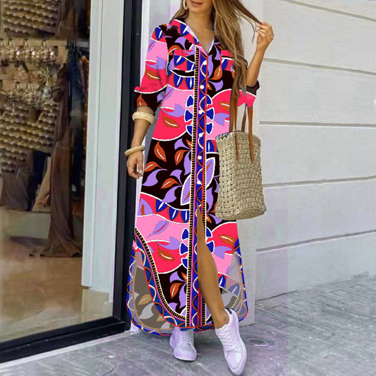 Printed button up clearance long sleeve maxi dress