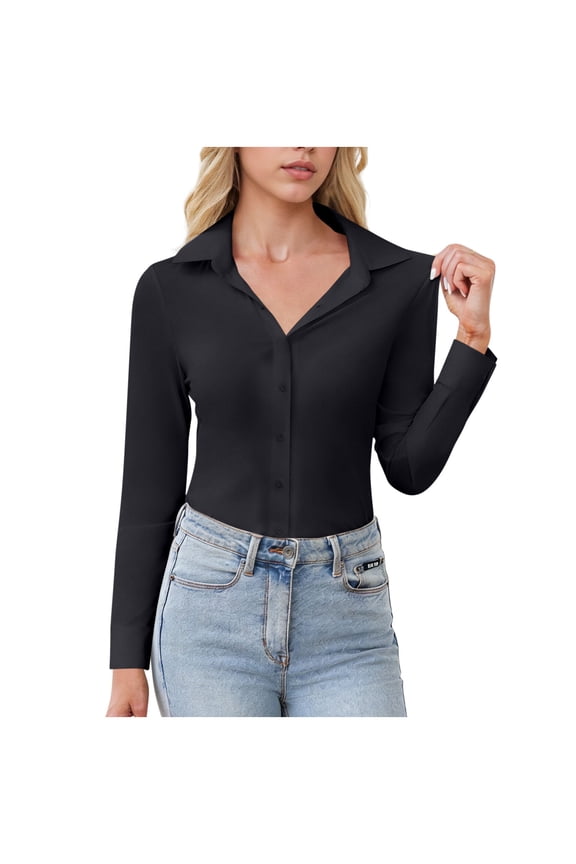 Women's Button-Down Dress Shirt Long Sleeve Stretchy Collared Blouse Professional Casual Top for Office and Daily Work,M,Black