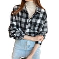 thumbnail image 1 of Women's Button Down Flannel Shirts Plaid Long Sleeve Business Shacket Jackets Casual Loose Lapel Blouses with Pockets (Black M), 1 of 6