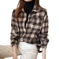 thumbnail image 1 of Women's Button Down Flannel Shirts Plaid Long Sleeve Business Shacket Jackets Casual Loose Lapel Blouses with Pockets (Coffee L), 1 of 6