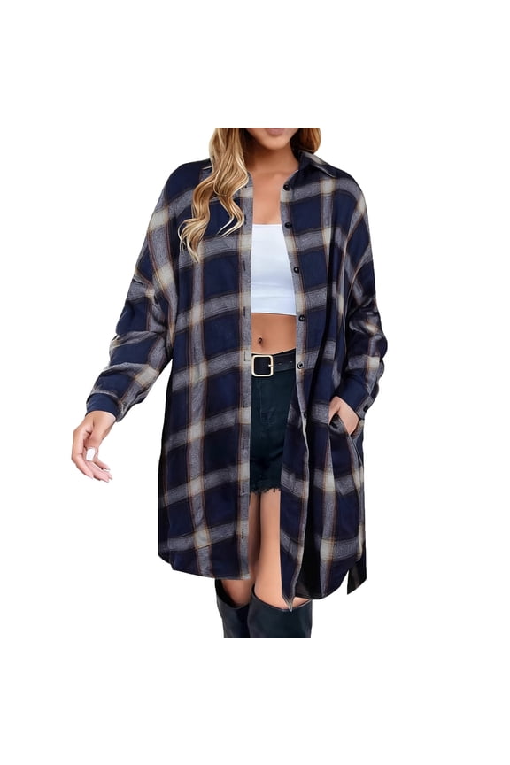 Women's Button Down Flannel Shirts Plaid Shacket Lounge Lapel Collared Shirts Blouse Long Jacket Coats with Pockets (3XL, Navy)