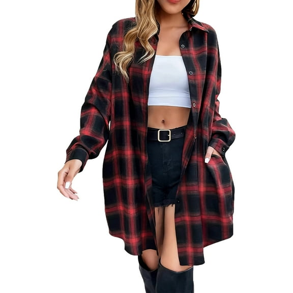 Women's Button Down Flannel Shirts Plaid Shacket Lounge Lapel Collared Shirts Blouse Long Jacket Coats with Pockets (3XL, Wine)