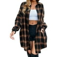 thumbnail image 1 of Women's Button Down Flannel Shirts Plaid Shacket Lounge Lapel Collared Shirts Blouse Long Jacket Coats with Pockets (L, Brown), 1 of 6