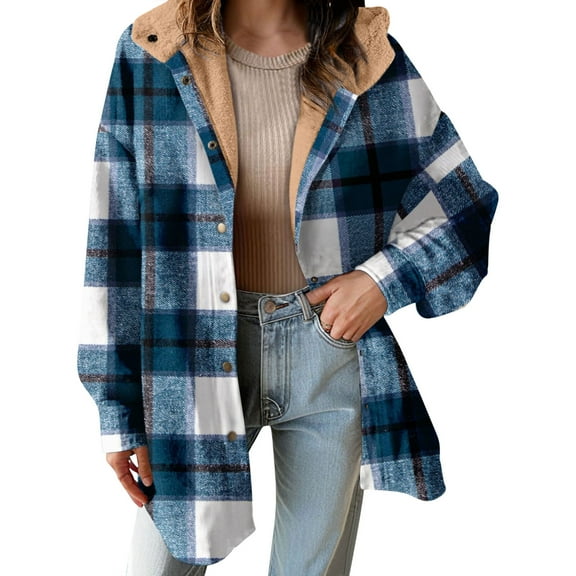 Women's Button Down Fleece Flannel Jacket Plaid Hooded Jackets Sherpa Lined Hoodies for Women