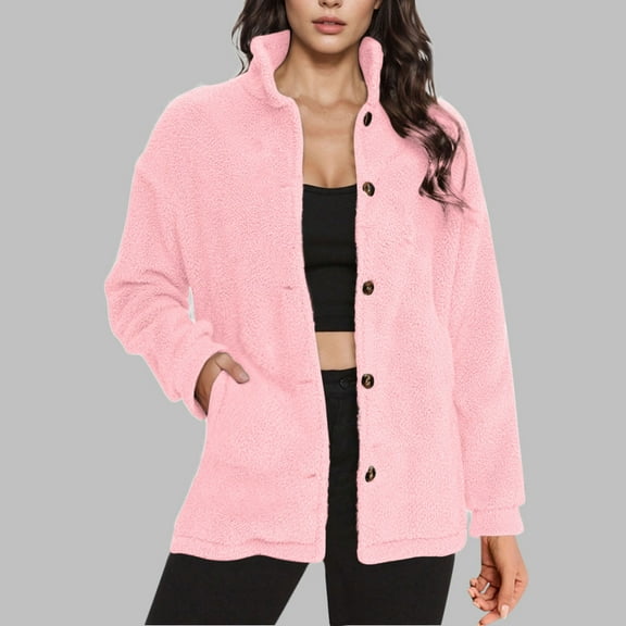 Women's Button Down Fleece Jacket Stand Collar Long Sleeve Sherpa Coats Winter Warm Casual Plush Thermal Outerwear with Pockets