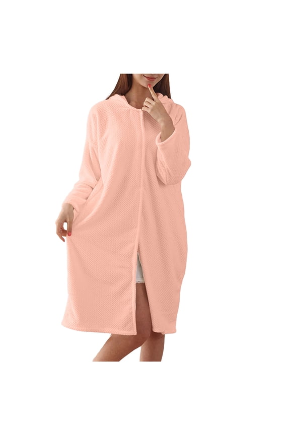 Women's Button Down Hooded Robes Quick Dry Absorbent Long Sleeve Bathrobe Casual Coral Fleece Spa Bath Shower Cover Up