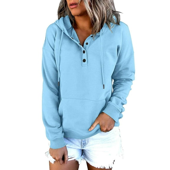 Women's Button Down Hoodie Long Sleeve V Neck Pullover with Drawstring & Pockets Relaxed Fit Light Blue L