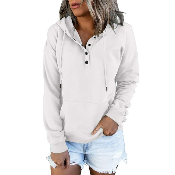 Women's Button Down Hoodie Long Sleeve V Neck Pullover with Drawstring & Pockets Relaxed Fit White XXXXL