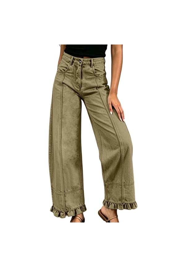 Women's Button Down Jeans Zipper High Waist Wide Leg Patchwork Ruffled Trousers Casual Trendy Denim Pants With Pockets (L, Coffee)