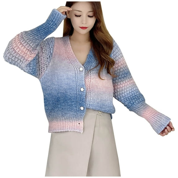 Women's Button Down Knit Cardigan Trendy Tie Dye Long Sleeve Cropped Sweaters Casual Loose Fall Coats Outwear Ladies Clothes
