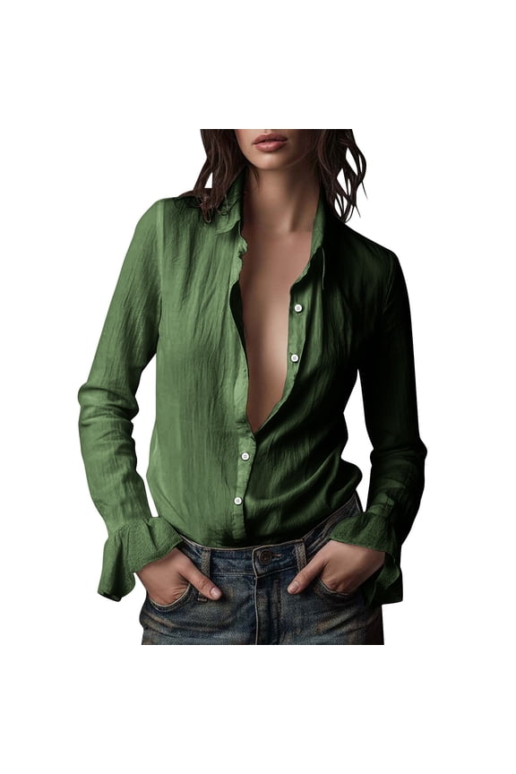 Women's Button Down Linen Shirt Slim Fit Ruffled Long Sleeve Tops Lapel Collared Vintage Casual Dressy Blouses (XL, Green A)
