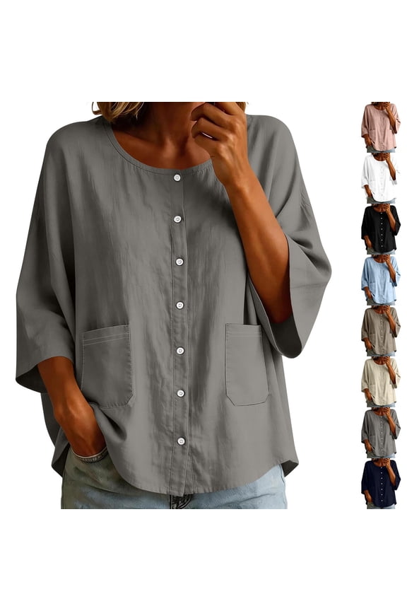 Women's Button Down Linen Shirts with 2 Pockets Collarless 3/4 Sleeve Blouses Crewneck Loose Casual Summer Tops (2XL, Gray)