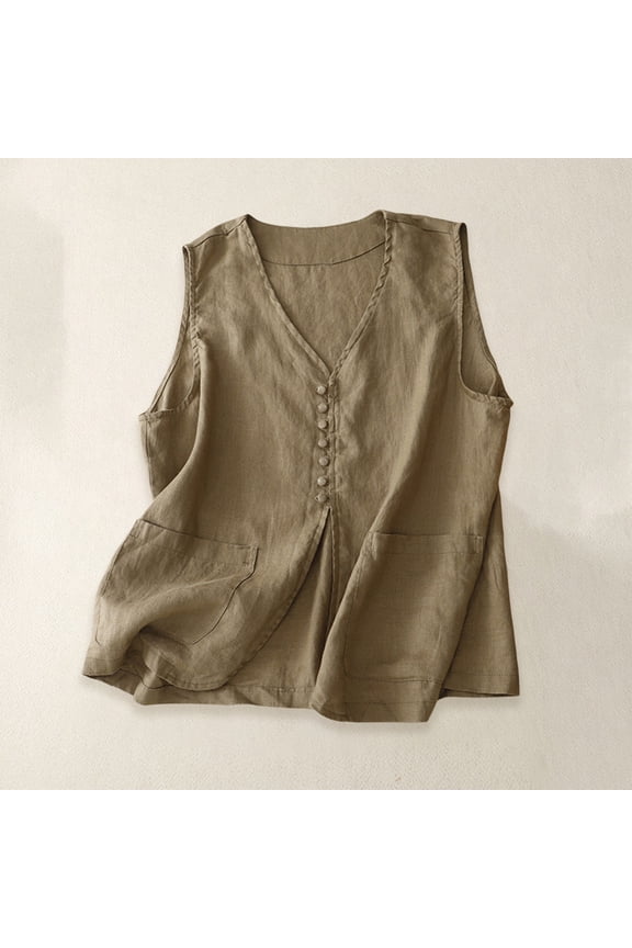 Women's Button Down Linen Vest, Sleeveless V Neck Casual Waistcoat, Lightweight Layering Piece for Summer, Over Shirts, and Smart Casual Style-Khaki