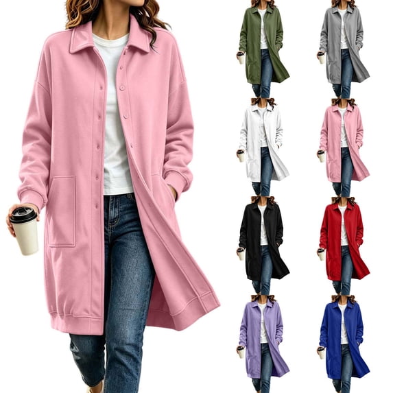 Women's Button Down Long Jacket Lapel Collar Long Sleeve Coats With Pocket Fall Fleece Lined Casual Loose Cardigan