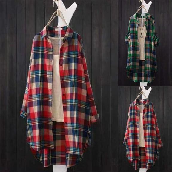 Women's Button Down Long Plaid Flannel Shirt,Plus Size Casual Roll Up Long Sleeve Shirts(L-L3)