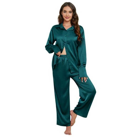 Women's Button Down Long Sleeve Nightwear Satin Loungewear Comfy Boyfriend Pajama Sets