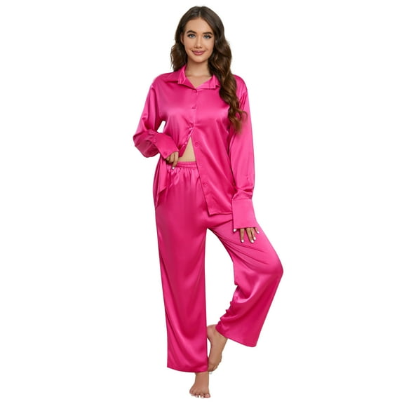 Women's Button Down Long Sleeve Nightwear Satin Loungewear Comfy Boyfriend Pajama Sets