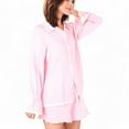 thumbnail image 1 of Women's Button-Down Long Sleeve Pajama Set with Frilled Hem Shorts - Small, Pink, 1 of 6