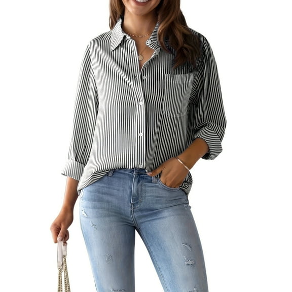 Women's Button Down Long Sleeve Shirts Striped Work Casual Tops Casual Long Sleeve Shirt Women Long Sleeve Button Down Shirt