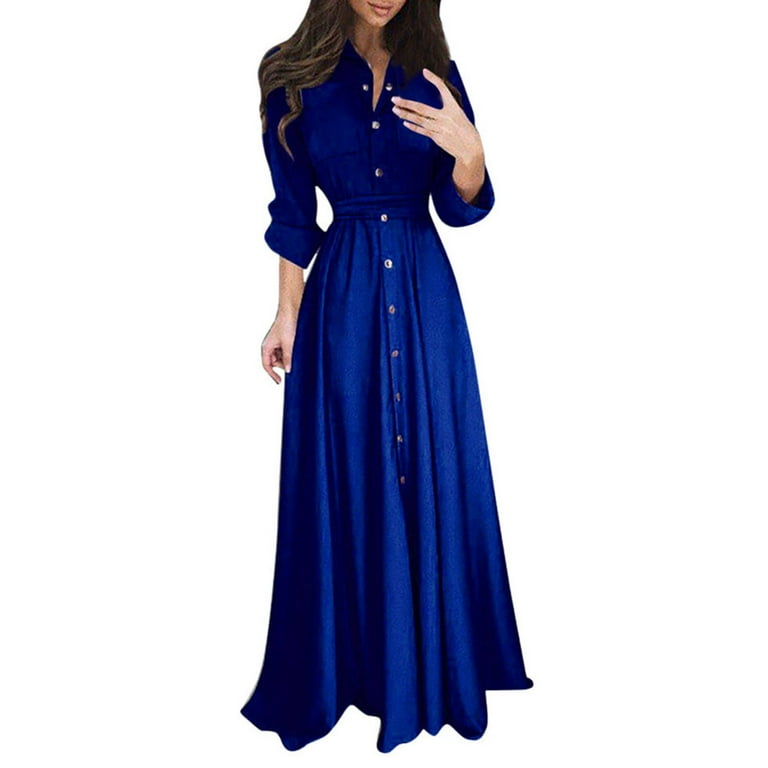 Women s Button Down Maxi Dress Long Sleeve Tie Waist Prom Dress Solid Color A Line Flowy Swing Formal Long Dresses