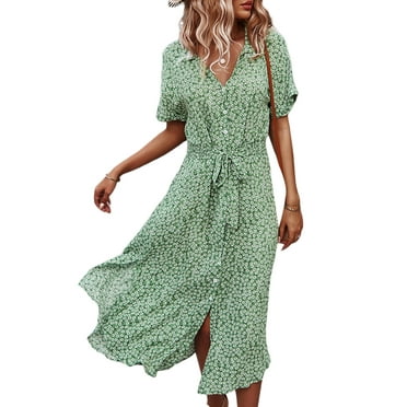 Women's Button Down Midi Dress, Short Sleeve Floral Print Belted Loose Shirt Dress