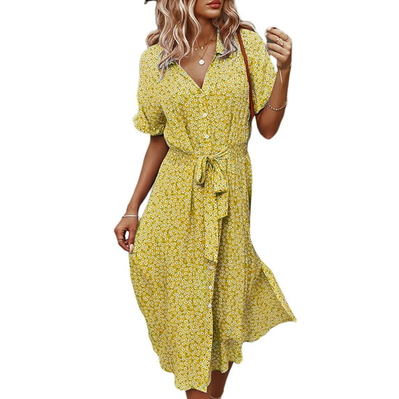 Women's Button Down Midi Dress, Short Sleeve Floral Print Belted Loose Shirt Dress