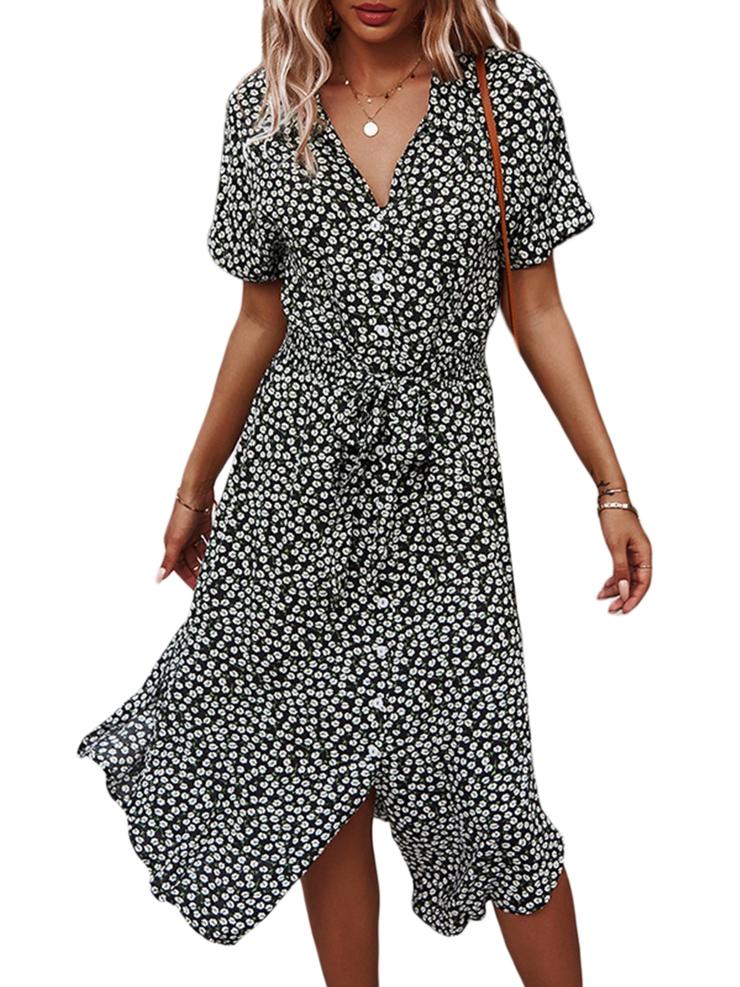 Women's Long Cotton Button Down Midi Dress, Short Sleeve Floral Print ...